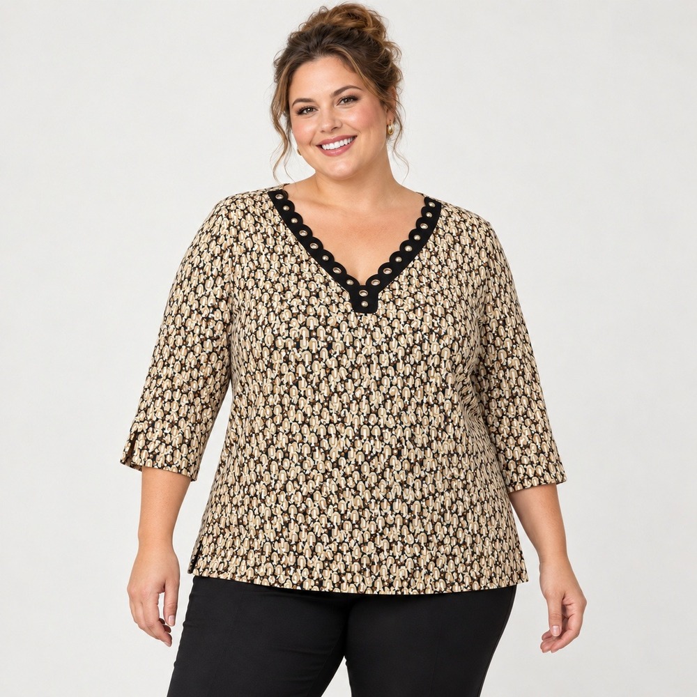 Rafaella Top Womens 3X Tan Black Geometric Scallop V-Neck Grommet Cotton Career
